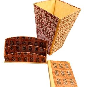 Handmade Italian paper desktop accessories medieval graphic pattern red cream